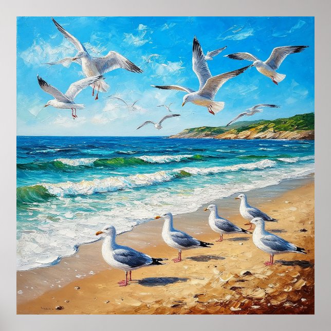 Seagulls on a Shoreline with Ocean Waves Poster (Front)