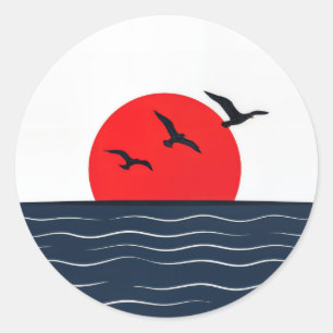 Seagulls on Red Sun with Ocean Classic Round Sticker