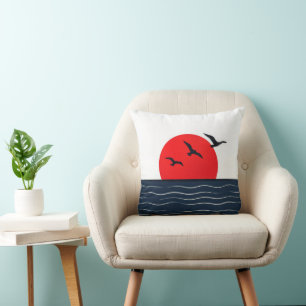 Seagulls on Red Sun with Ocean Cushion