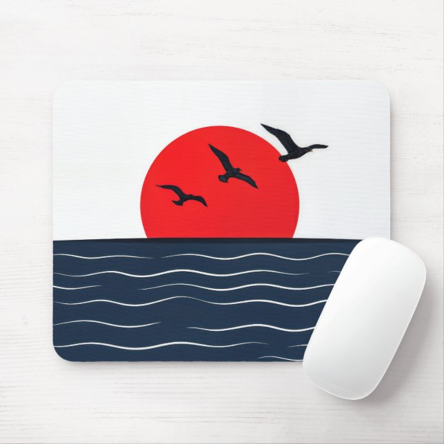 Seagulls on Red Sun with Ocean Mouse Mat (With Mouse)