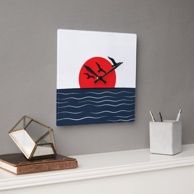 Seagulls on Red Sun with Ocean Square Wall Clock (Office)