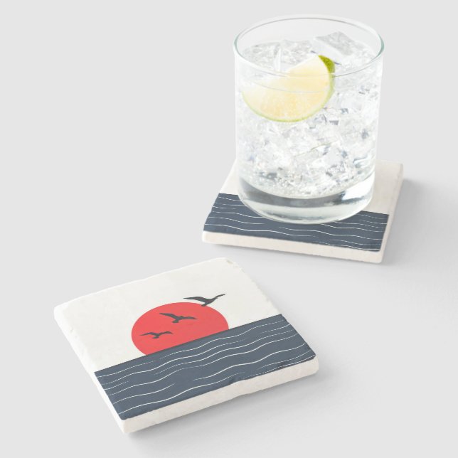 Seagulls on Red Sun with Ocean Stone Coaster (Side)