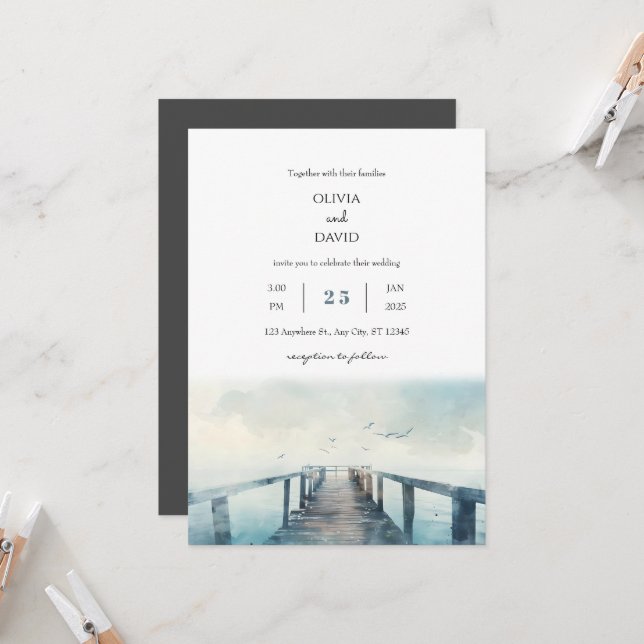 Seagulls Over Rustic Pier Watercolor Beach Wedding Invitation (Front/Back In Situ)