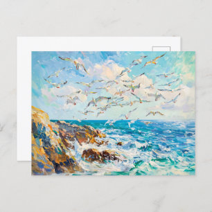 Seagulls Over Waves Impressionist Ocean Scene Postcard