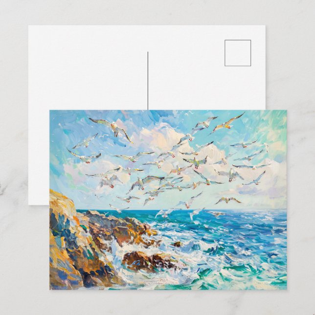 Seagulls Over Waves Impressionist Ocean Scene Postcard (Front/Back)