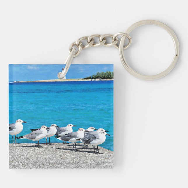 Seagulls, sandy beach, Nassau, Bahamas Key Ring (Back)