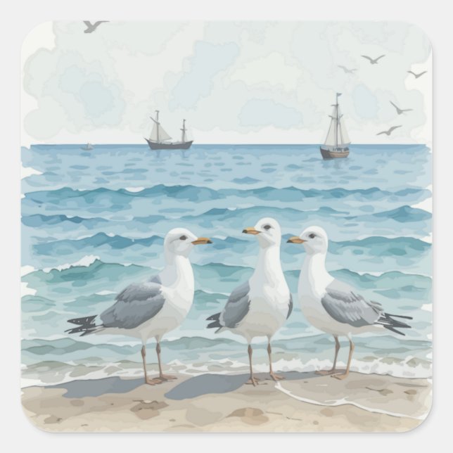 Seagulls Seaside Ocean Beach Bird Animal Art Square Sticker (Front)