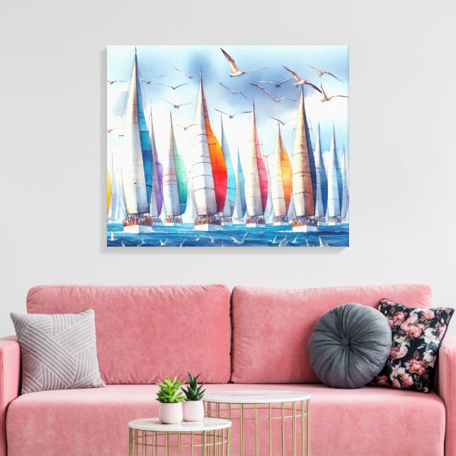 Seagulls Soaring With a Sailboat Regatta Canvas Print (Insitu(LivingRoom))