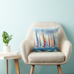 Seagulls Soaring With a Sailboat Regatta Cushion