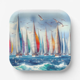 Seagulls Soaring With a Sailboat Regatta Paper Plate