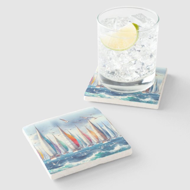 Seagulls Soaring With a Sailboat Regatta Stone Coaster (Side)