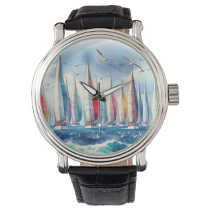 Seagulls Soaring With a Sailboat Regatta Watch