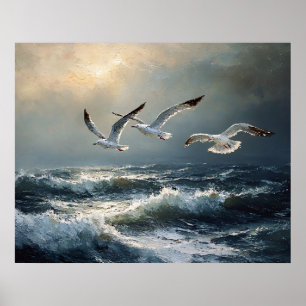 Seagulls Stormy Ocean Fine Art Poster
