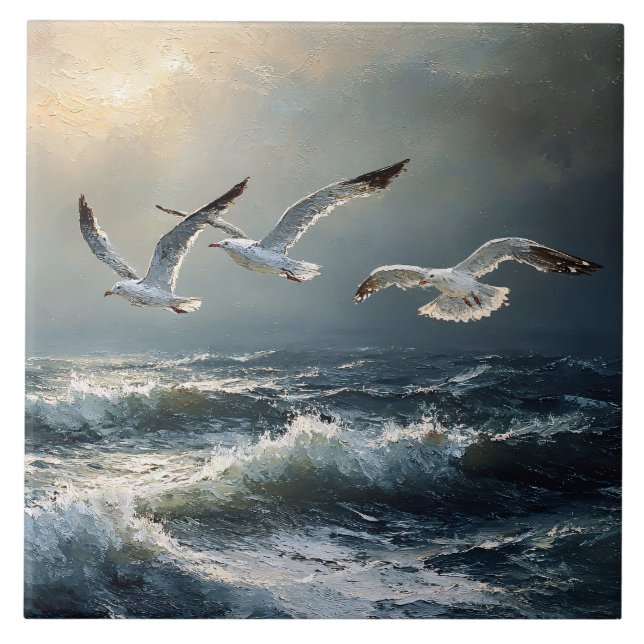 Seagulls Stormy Ocean Fine Art Tile (Front)