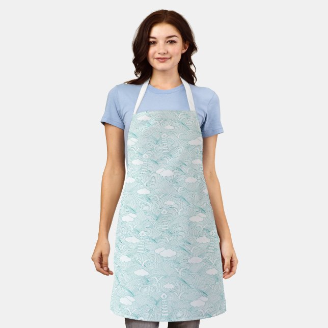 Seagulls, waves, clouds, lighthouses in soft blue  apron (Worn)