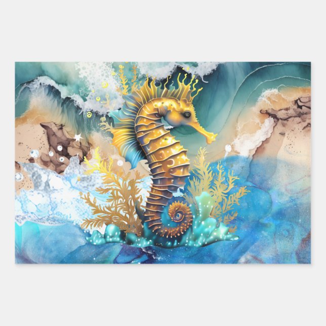 Seahorse 3D blue gold beach sandy sea ocean waves Wrapping Paper Sheet (Front)