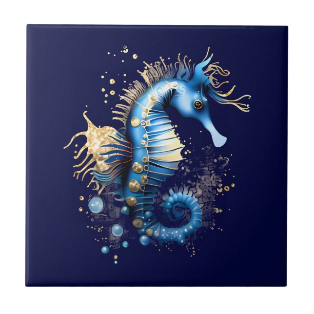 Seahorse 3D blue gold marine fantasy beach chic Tile (Front)