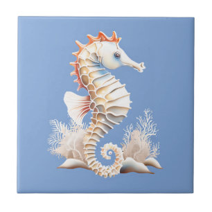 Seahorse 3D blue orange white nautical marine chic Tile