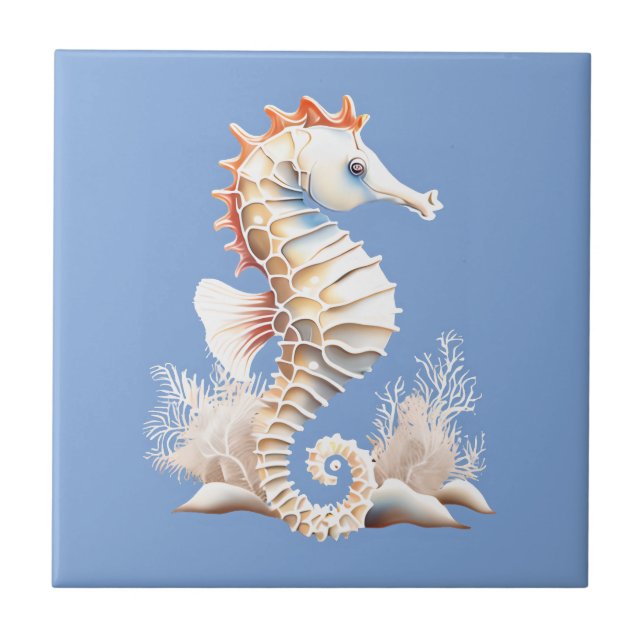 Seahorse 3D blue orange white nautical marine chic Tile (Front)