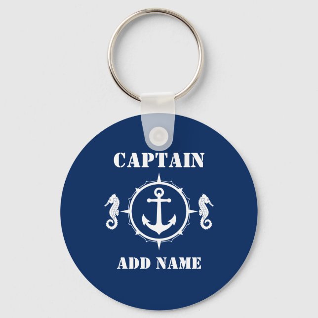 Seahorse Anchor Captain Add Name or Boat Name Blue Key Ring (Front)