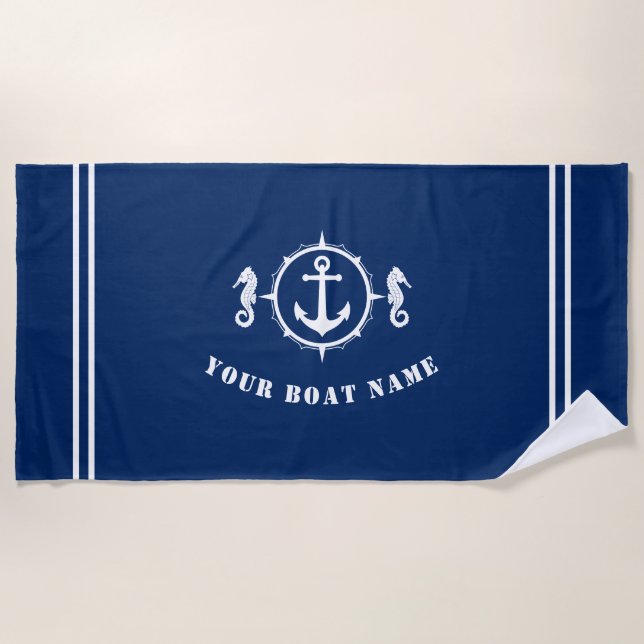 Seahorse Anchor with Boat Name Navy Blue Beach Towel (Front)