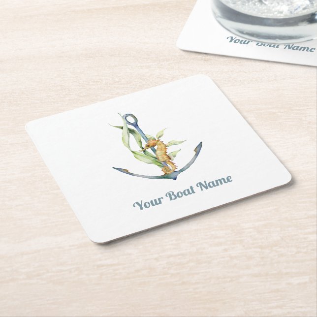 Seahorse and Anchor Nautical with Boat Name Square Paper Coaster (Angled)