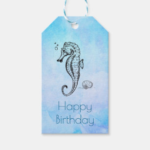 Seahorse and Seashell on Blue Watercolor Birthday Gift Tags