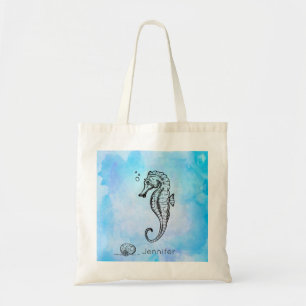 Seahorse and Seashell on Blue Watercolor Custom Tote Bag