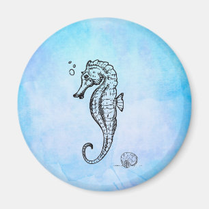 Seahorse and Seashell on Blue Watercolor Magnet