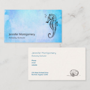 Seahorse and Seashell on Blue Watercolor Nautical Business Card