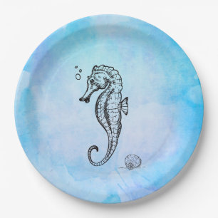 Seahorse and Seashell on Blue Watercolor Paper Plate