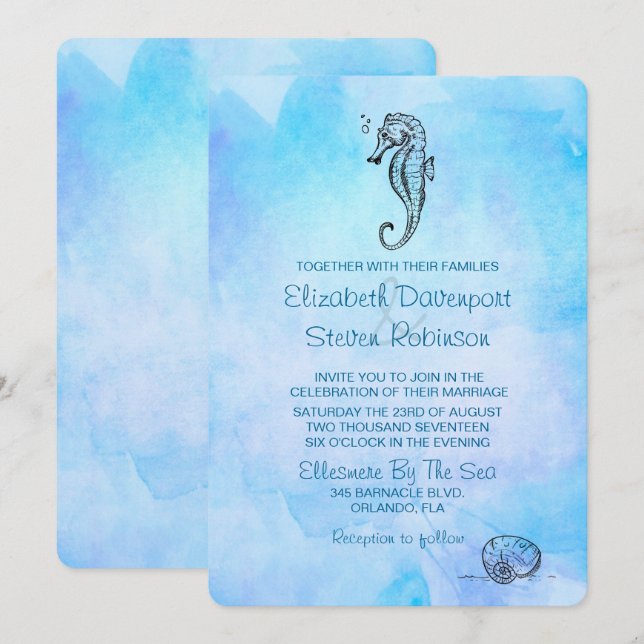 Seahorse and Seashell on Blue Watercolor Wedding Invitation (Front/Back)