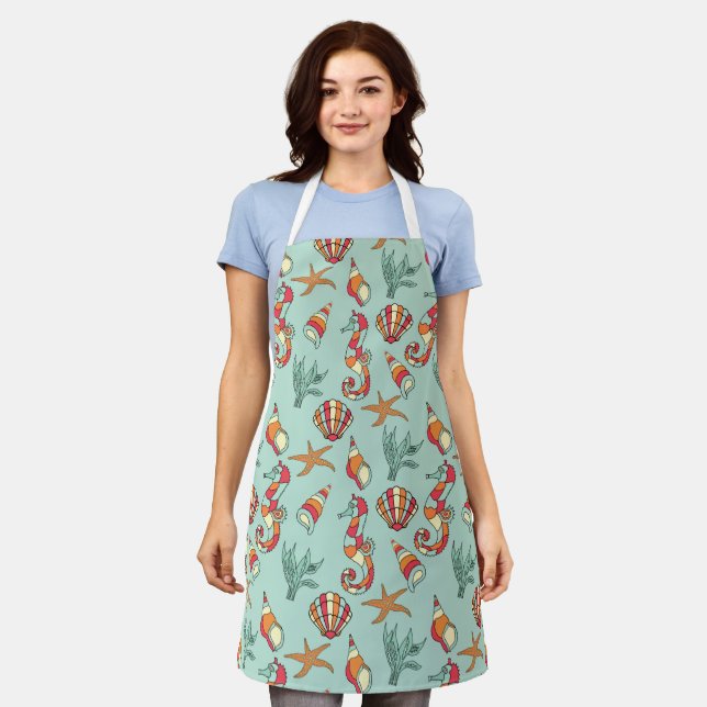 Seahorse and Seashell Pattern Teal Apron (Worn)