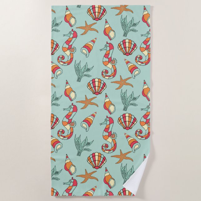 Seahorse and Seashell Pattern Teal Beach Towel (Front)