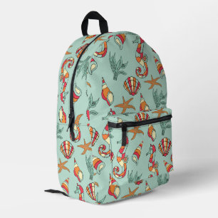 Seahorse and Seashell Pattern Teal Printed Backpack