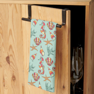 Seahorse and Seashell Pattern Teal Tea Towel