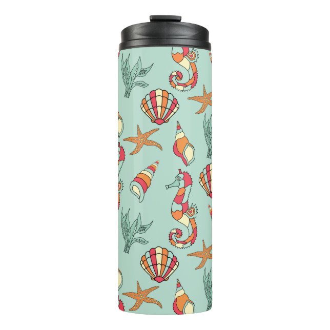 Seahorse and Seashell Pattern Teal Thermal Tumbler (Front)