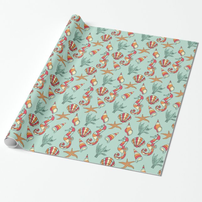 Seahorse and Seashell Pattern Wrapping Paper (Unrolled)