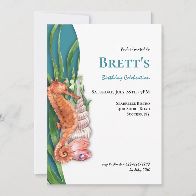 Seahorse and Seashells  Invitation (Front)