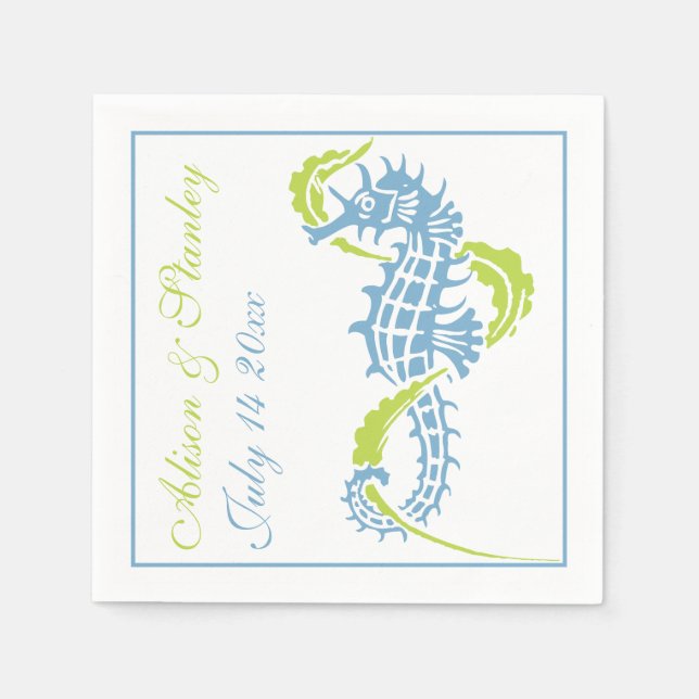 Seahorse and seaweed blue, lime green wedding napkin (Front)