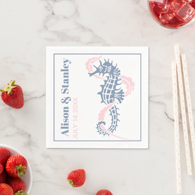 Seahorse and seaweed dusty blue and blush wedding napkin (Insitu)