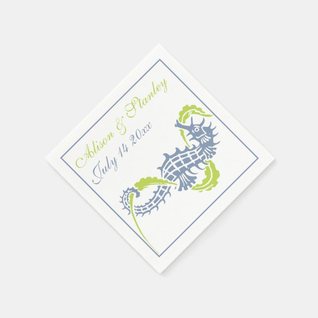 Seahorse and seaweed dusty blue and green wedding napkin (Corner)