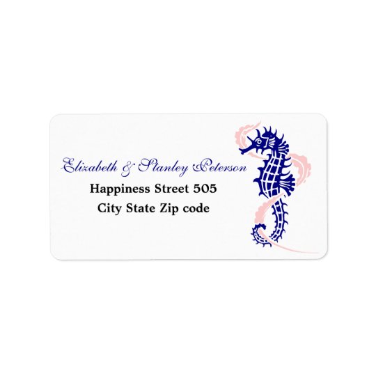 Seahorse and seaweed navy blue, pink wedding address label