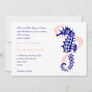 Seahorse and seaweed navy blue, pink wedding invitation