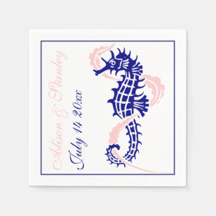 Seahorse and seaweed navy blue, pink wedding napkin