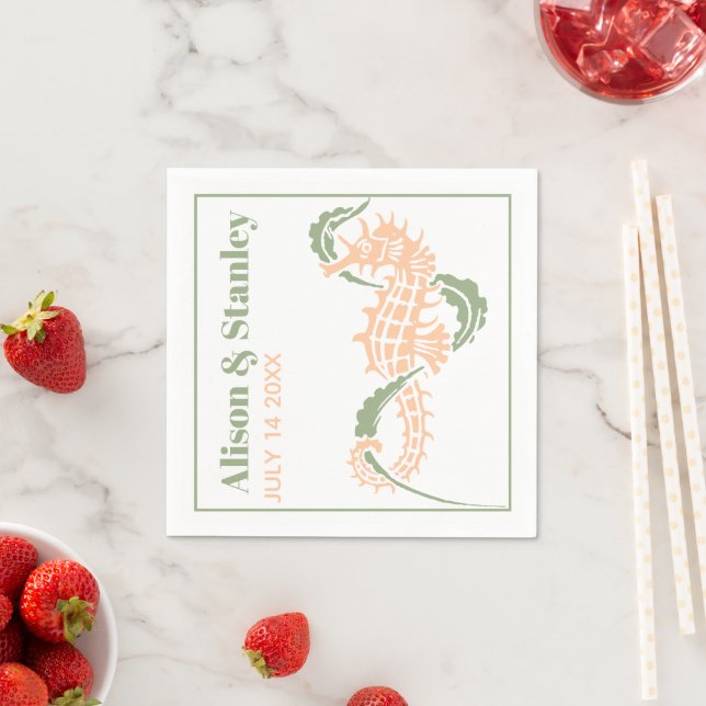 Seahorse and seaweed sage green and peach wedding napkin (Insitu)