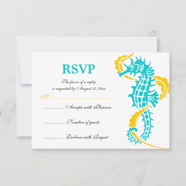Seahorse and seaweed turquoise yellow wedding RSVP (Front)