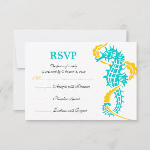 Seahorse and seaweed turquoise yellow wedding RSVP Card