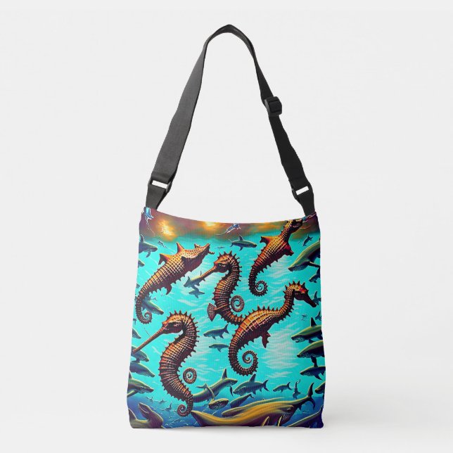 Seahorse and Sharks retro Crossbody Bags (Front)