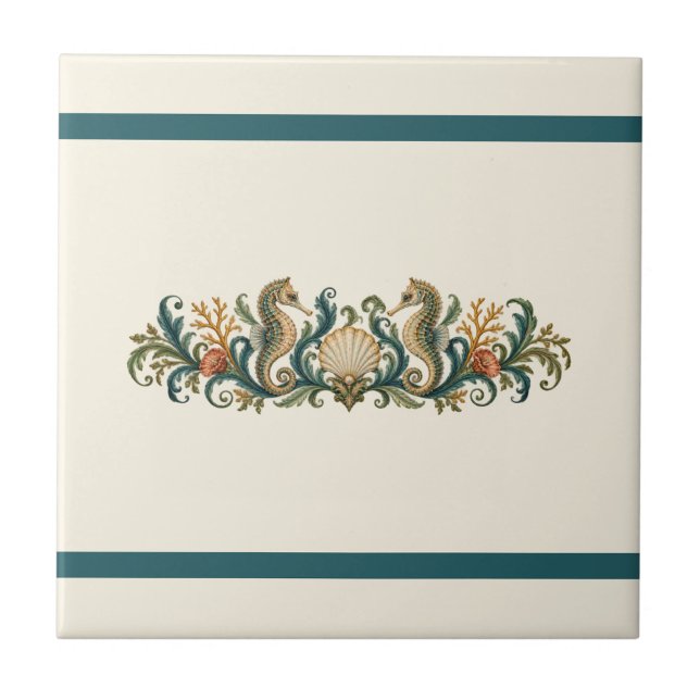 Seahorse and Shells Custom Colour Frieze Tile (Seahorse & shells in the original ivory palette. Personalize the background and the two independent bands in the design editor.)